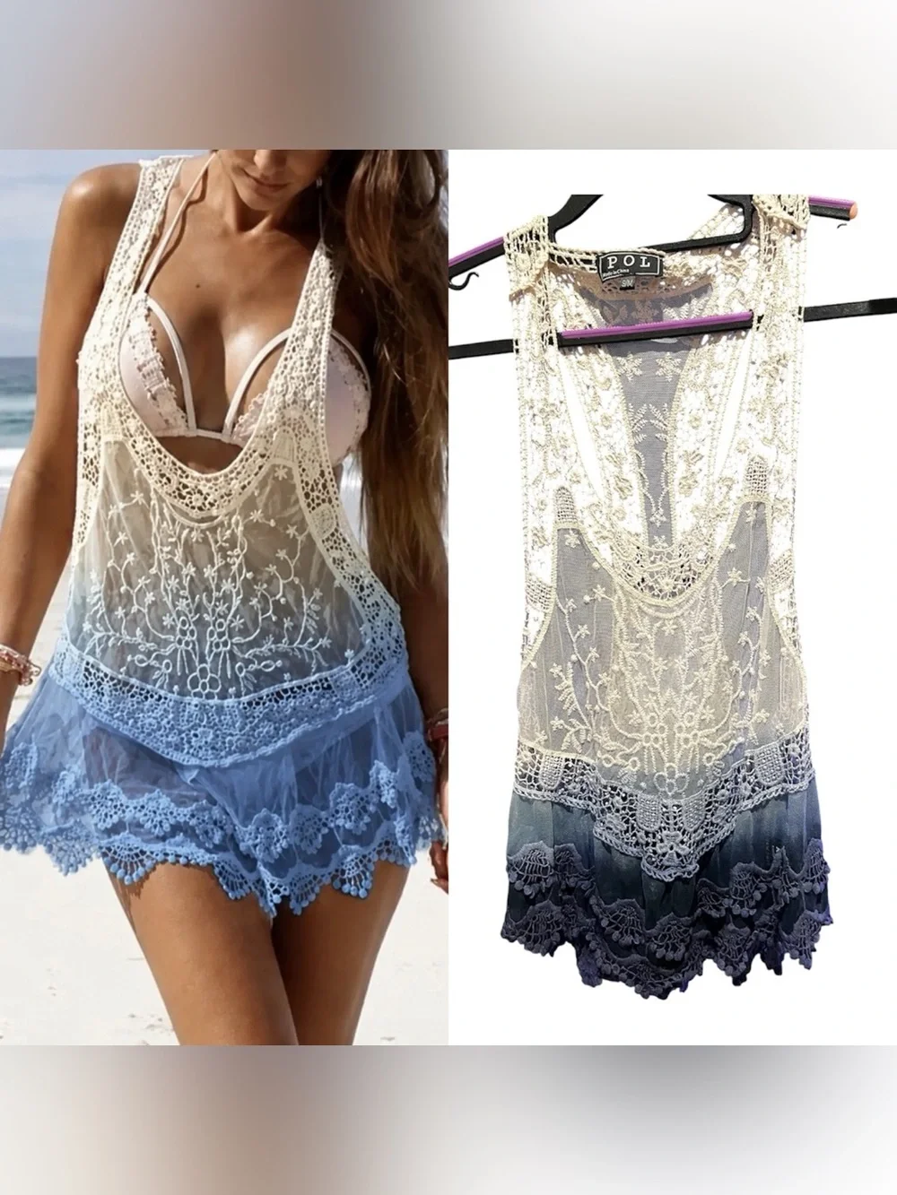 POL Sheer Lace Crochet Ombre Tank Tunic in Cream and Blue